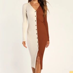 Lulus Cream & Brown Ribbed Button-Front Sweater Dress